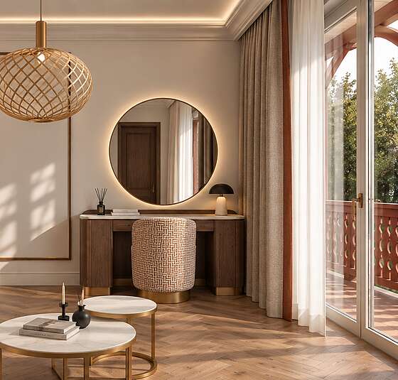 Wohnbereich des Superior Rooms im Art-Déco-Stil mit gemütlicher Sofa, Schreib- oder Schminktisch sowie direktem Zugang zum Balkon
