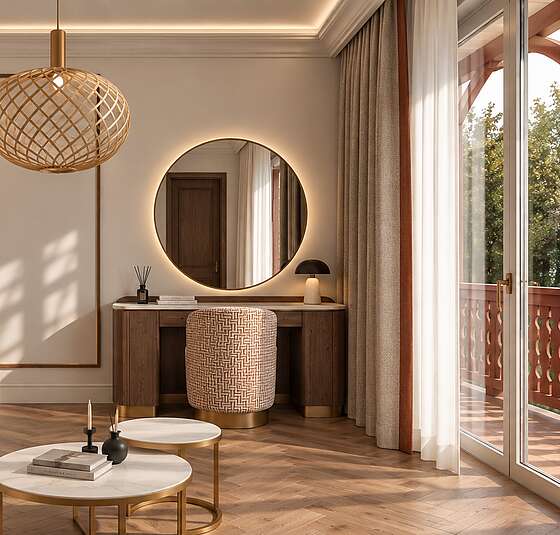 Wohnbereich des Superior Rooms im Art-Déco-Stil mit gemütlicher Sofa, Schreib- oder Schminktisch sowie direktem Zugang zum Balkon