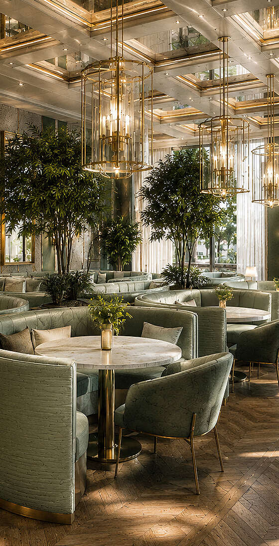 Eleganter Grüner Salon im Mazaggs – Alpenhof am Achensee im Art-Déco-Stil mit grünen Lounge-Sitzgruppen, Marmortischen, goldenen Designleuchten und großen Panoramafenstern.