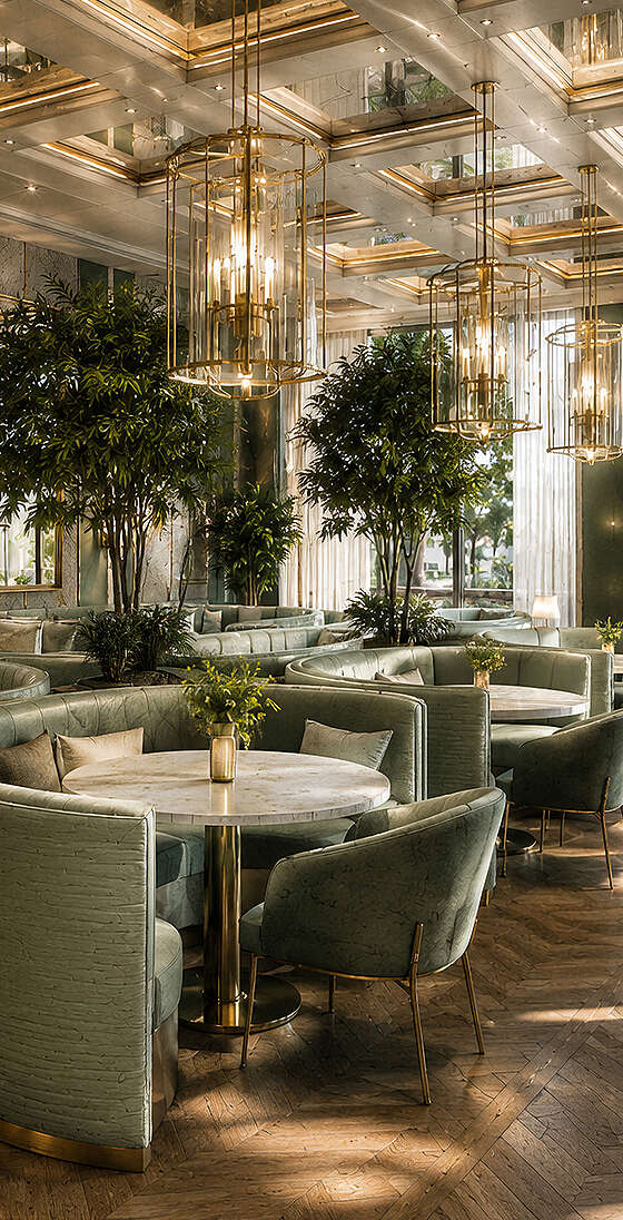 Eleganter Grüner Salon im Mazaggs – Alpenhof am Achensee im Art-Déco-Stil mit grünen Lounge-Sitzgruppen, Marmortischen, goldenen Designleuchten und großen Panoramafenstern.
