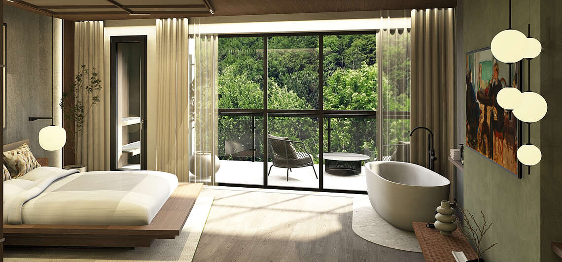 Großzügiger Schlafbereich mit Badewanne und privater Sauna des Deluxe Spa Rooms im Pavillon im mediterranen Stil mit Doppelbett und Balkon