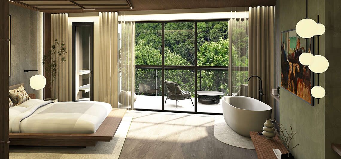 Großzügiger Schlafbereich mit Badewanne und privater Sauna des Deluxe Spa Rooms im Pavillon im mediterranen Stil mit Doppelbett und Balkon