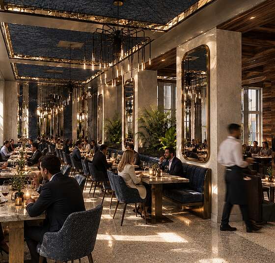 Historischer Ballsaal im Mazaggs – Alpenhof am Achensee, ehemals Speisesaal des Alpenhofs, mit elegantem Art-Déco-Design, großzügigem Restaurantbereich und stilvoll gedeckten Tischen.