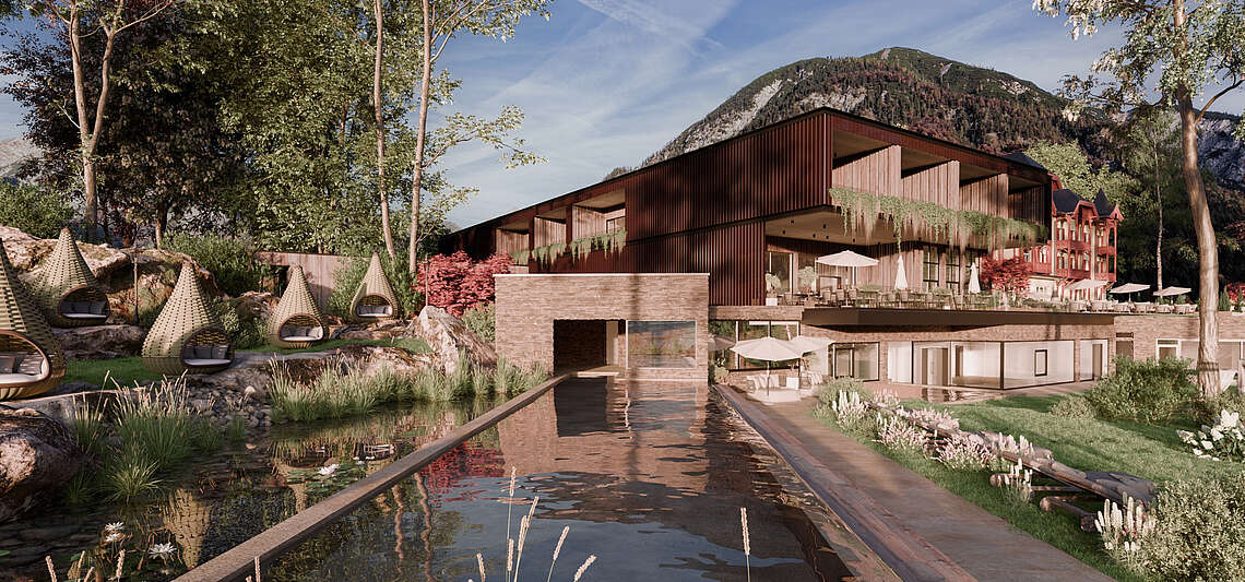 Panorama Pool und Wellnessgarten im Mazaggs – Alpenhof am Achensee mit Blick auf den Pavillon und die Terrasse des Restaurants Siegfrieds beim See