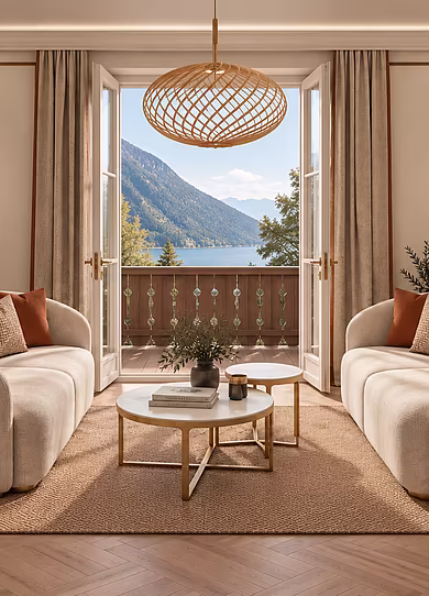 Wohnbereich der Signature Suite im Art-Déco-Stil mit gemütlicher Sofa und direktem Balkonzugang mit Blick auf den Achensee.