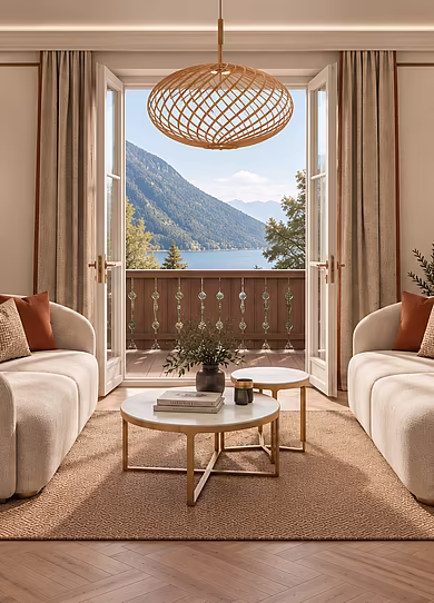 Wohnbereich der Signature Suite im Art-Déco-Stil mit gemütlicher Sofa und direktem Balkonzugang mit Blick auf den Achensee.