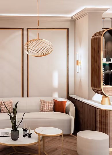 Optisch abgetrennter Wohnbereich im Deluxe Room im Art-Déco-Stil mit Sofa, Couchtisch und eleganten Holzelementen