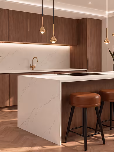 Private Küche in der Penthouse Spa Suite mit großzügiger Kochinsel und Sitzplätzen – für eigenes Kochen oder exklusives Private Cooking mit dem Küchenchef