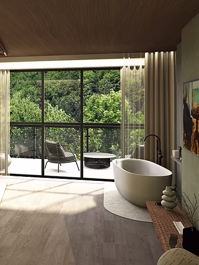 Großzügiger Schlafbereich mit Badewanne und privater Sauna des Deluxe Spa Rooms im Pavillon im mediterranen Stil mit Doppelbett und Balkon