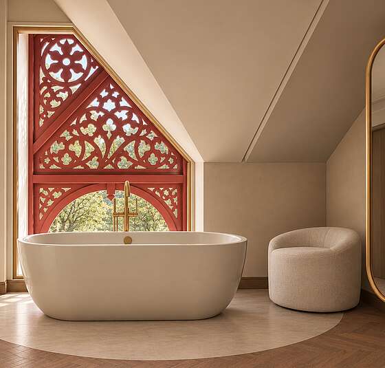 Freistehende Badewanne in der Signature Suite im Art-Déco-Stil vor dem historischen Giebelfenster mit Blick auf den Achensee