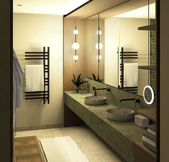 Modernes Badezimmer des Deluxe Rooms im Pavillon im mediterranen Stil mit großzügigem Waschtisch, großem Spiegel und eleganter Walk-in-Dusche