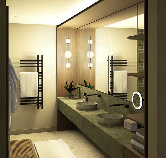 Modernes Badezimmer des Deluxe Rooms im Pavillon im mediterranen Stil mit großzügigem Waschtisch, großem Spiegel und eleganter Walk-in-Dusche