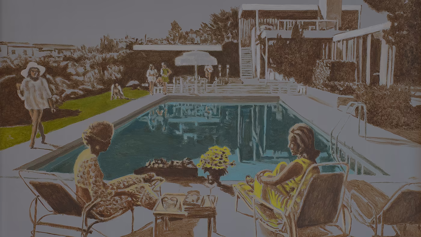 Retro-Illustration einer Poolterrasse vor einer modernen Villa; zwei Frauen sitzen am Beckenrand, im Hintergrund sind weitere Personen und ein Garten zu sehen.
