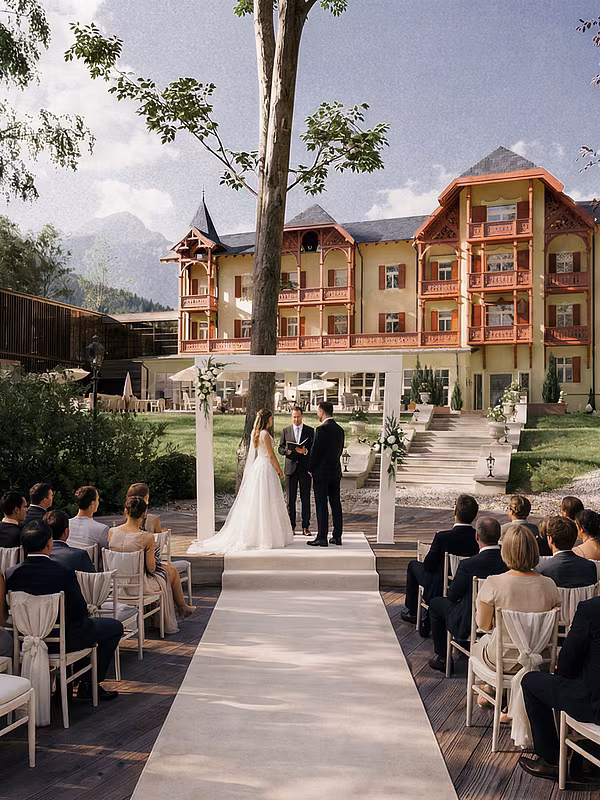 Hochzeitslocation am Achensee – Trauung im Garten des Mazaggs – Alpenhof am Achensee mit festlicher Bestuhlung und Blick auf das Hotel