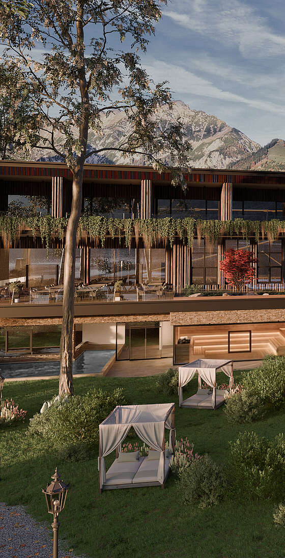 Wellnessgarten des Mazaggs – Alpenhof am Achensee mit Sauna, Pools und Bergpanorama