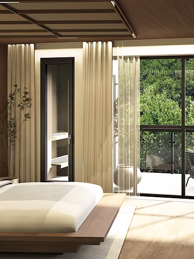 Großzügiger Schlafbereich mit Badewanne und privater Sauna des Deluxe Spa Rooms im Pavillon im mediterranen Stil mit Doppelbett und Balkon