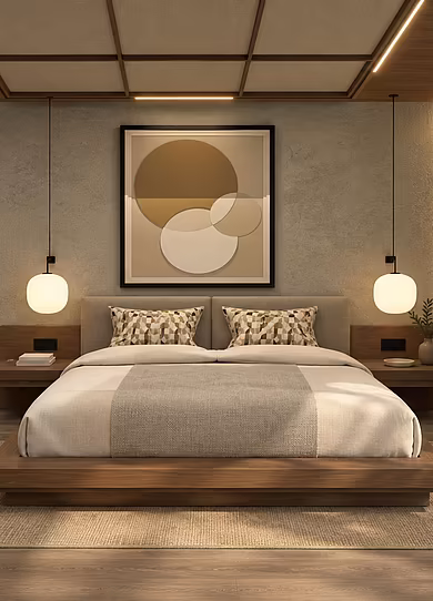 Eines von zwei Schlafzimmern der Superior Suite im Pavillon im mediterranen Stil mit Doppelbett und direktem Zugang zum privaten Badezimmer