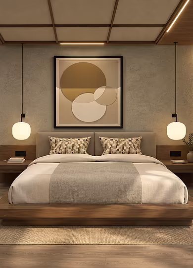 Eines von zwei Schlafzimmern der Superior Suite im Pavillon im mediterranen Stil mit Doppelbett und direktem Zugang zum privaten Badezimmer