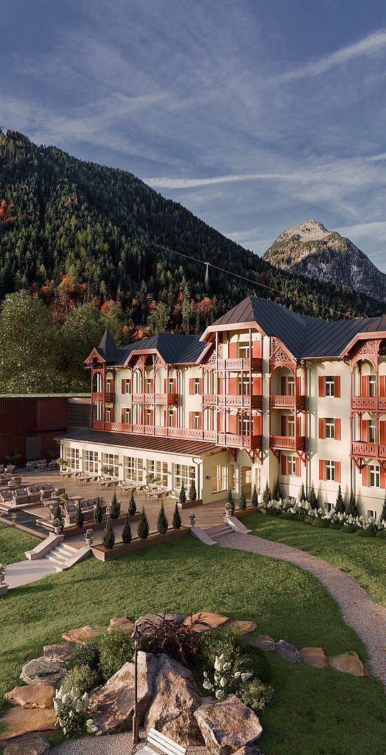Designhotel am Achensee mit historischem Stammhaus und Pavillon mit Terrasse und Restaurantterrasse