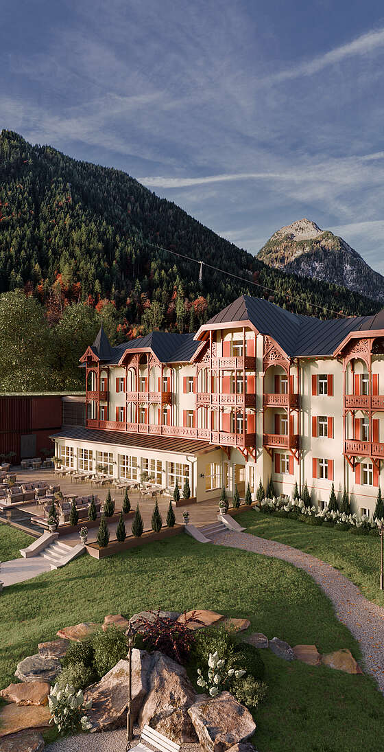 Designhotel am Achensee mit historischem Stammhaus und Pavillon mit Terrasse und Restaurantterrasse