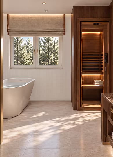 Badezimmer im Deluxe Spa Room im Art-Déco-Stil mit privater Infrarotkabine und freistehender Badewanne
