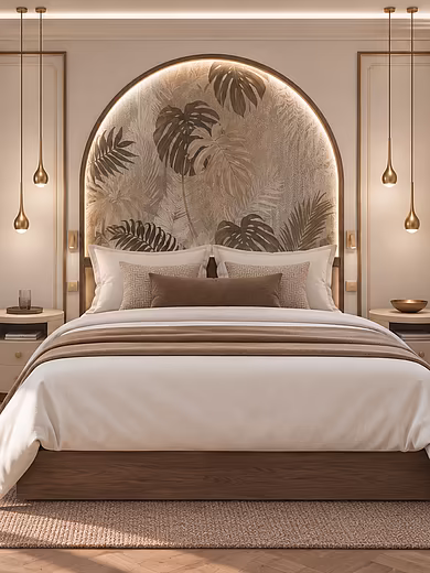 Schlafbereich des Superior Rooms im Art-Déco-Stil mit Doppelbett und direktem Zugang zum Badezimmer