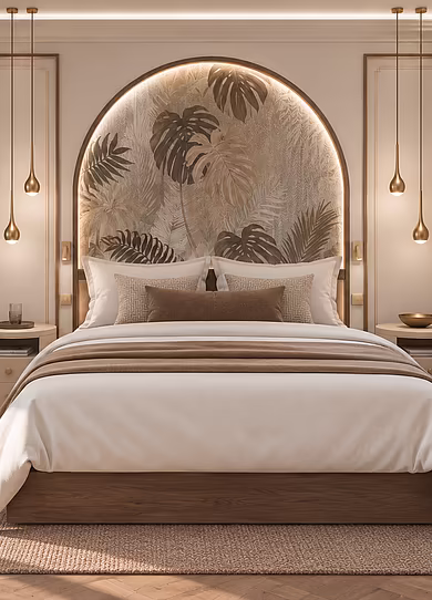 Schlafbereich des Superior Rooms im Art-Déco-Stil mit Doppelbett und direktem Zugang zum Badezimmer