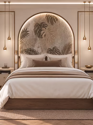 Schlafbereich des Superior Rooms im Art-Déco-Stil mit Doppelbett und direktem Zugang zum Badezimmer