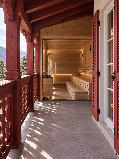 Balkon der Penthouse Spa Suite mit privater Panoramasauna und Blick auf das Karwendelgebirge