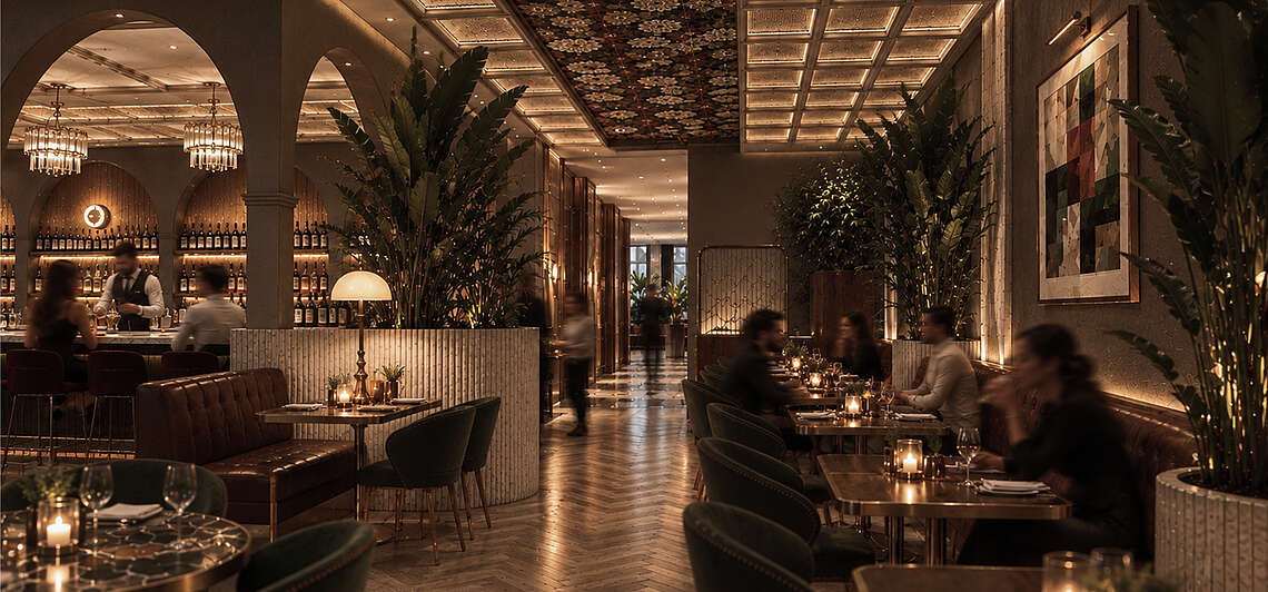 Stilvoller Restaurantbereich im Siegfrieds beim See im Mazaggs – Alpenhof am Achensee mit mediterrasian Fusionsküche, elegantem Art-Déco-Design und gemütlichen Sitzbereichen.