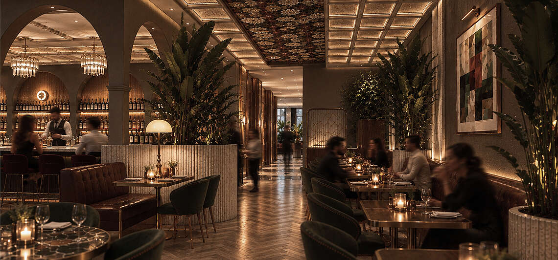 Stilvoller Restaurantbereich im Siegfrieds beim See im Mazaggs – Alpenhof am Achensee mit mediterrasian Fusionsküche, elegantem Art-Déco-Design und gemütlichen Sitzbereichen.