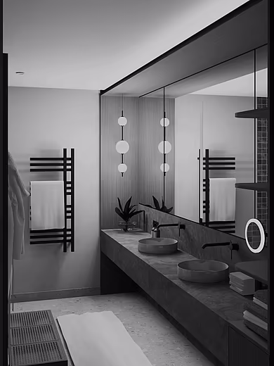 Modernes Badezimmer des Deluxe Rooms im Pavillon im mediterranen Stil mit großzügigem Waschtisch, großem Spiegel und eleganter Walk-in-Dusche