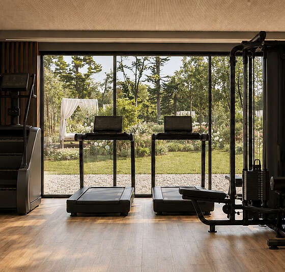 Fitness und Training im ALMA SPA & SPORTS am Achensee mit modernem Fitnessbereich, Kraftgeräten und Blick ins Grüne