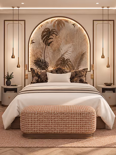 Eines von zwei Schlafzimmern der Penthouse Spa Suite im Art-Déco-Stil mit Doppelbett und eleganten Designdetails
