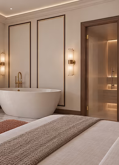 Blick vom Schlafbereich des Signature Spa Rooms mit Doppelbett zur privaten Sauna und zum direkten Balkonzugang