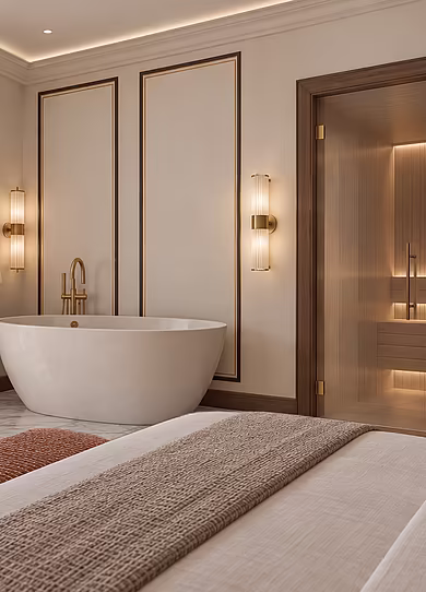 Blick vom Schlafbereich des Signature Spa Rooms mit Doppelbett zur privaten Sauna und zum direkten Balkonzugang