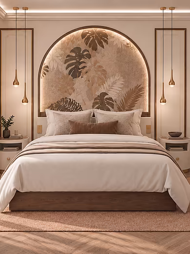 Eines von zwei Schlafzimmern der Superior Suite im Art-Déco-Stil mit Doppelbett und eigener freistehender Badewanne